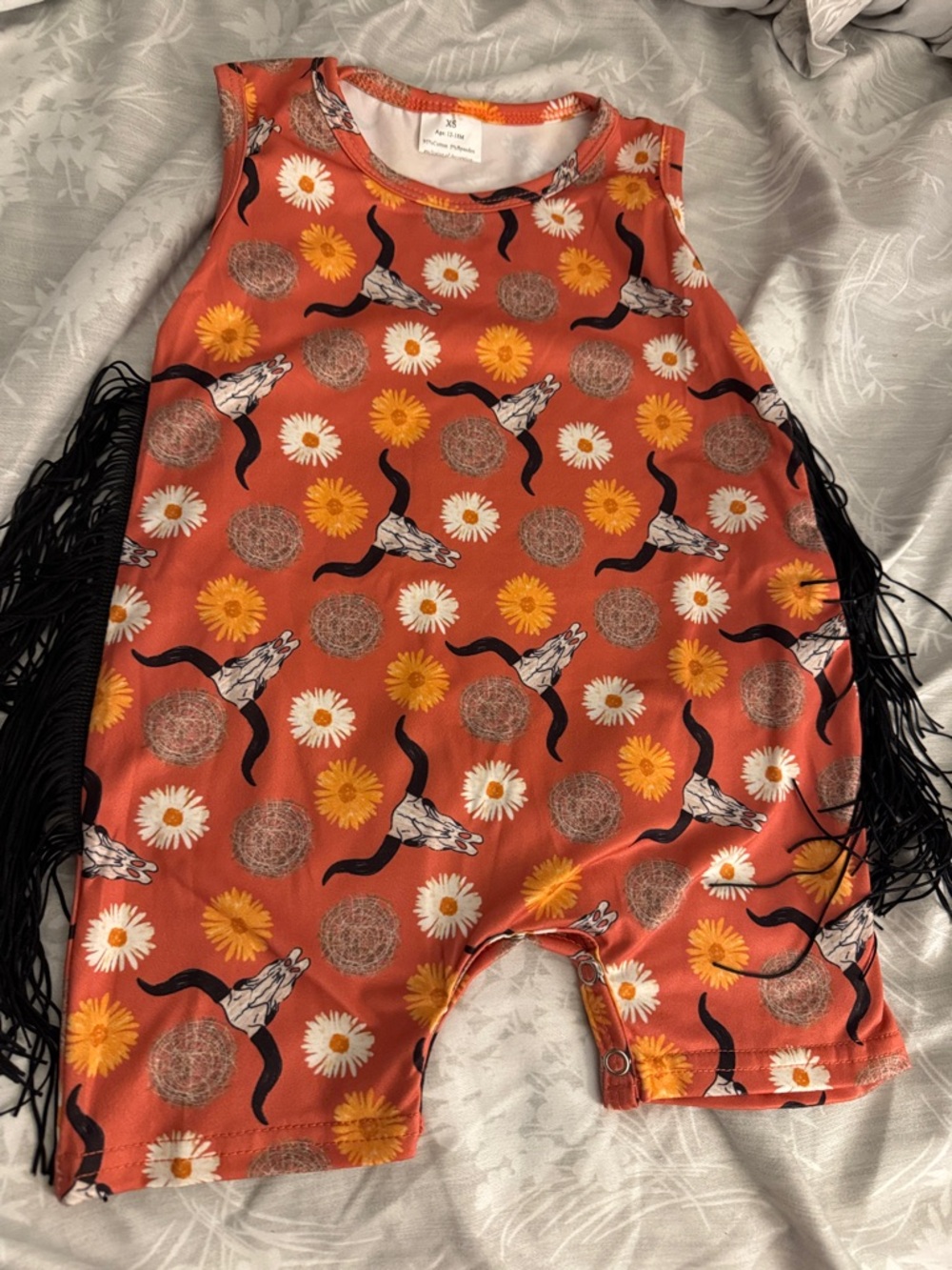 Rust Orange Floral & Longhorn Fringe Romper